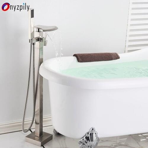 Onyzpily Brushed Nockel Bathroom Bathtub Faucet Floor Standing 360 Rotation Waterfall Swivel Spout with Hand Tap Mixer Shower