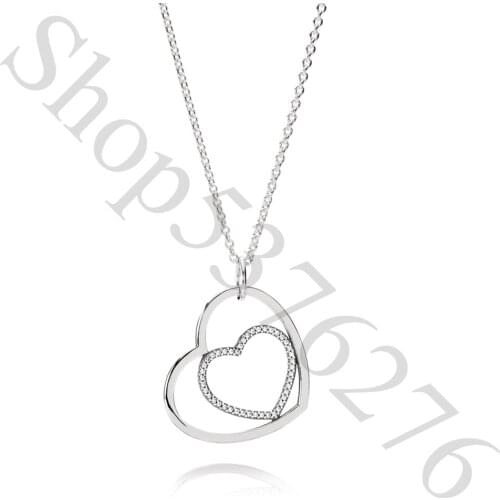 Authentic 925 Sterling Silver Heart to Heart Fashion Pendant Necklace Fit Pandora Women Bead Charm Gift DIY Jewelry