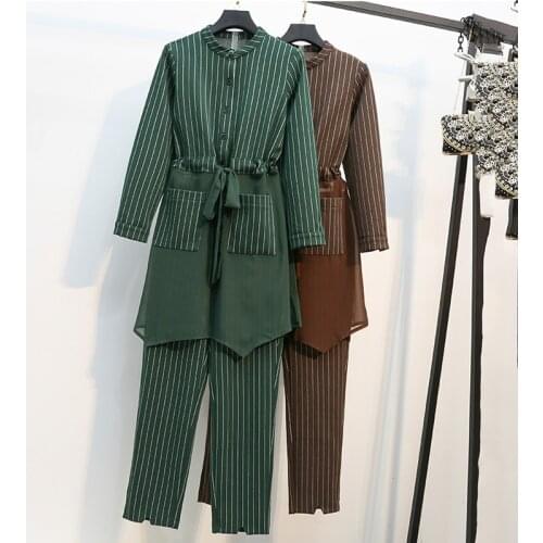 Retro Professional Suit 2021 Spring New Plus Size Women Fashion Striped Casual Net Yarn Stitching Suit Popular Two-Piece Suit