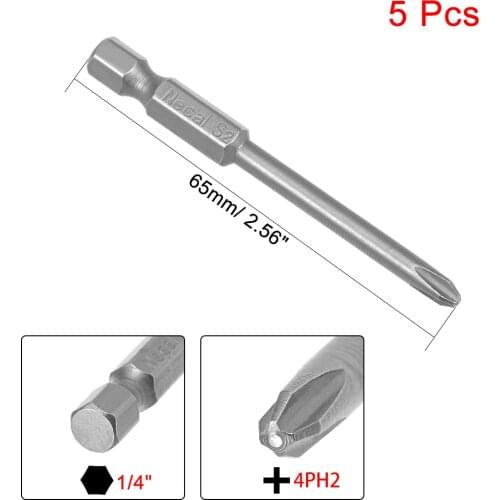 Uxcell 5 Pcs 4mm PH2 Magnetic Phillips Screwdriver Bits, 1/4 Inch Hex Shank 2.56-inch Length S2 Power Tool