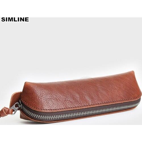 Genuine Leather Pen Bag Vintage Handmade Men Women Children Long Zipper Coin Purse Pencil Bag Case Holder Glasses Storage Bags