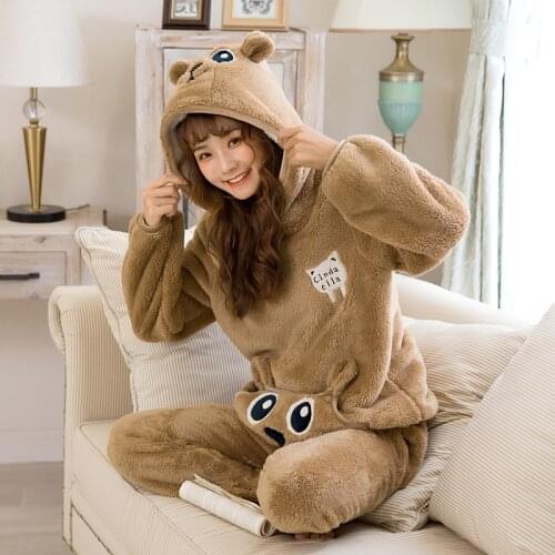JULYS SONG Cute Winter Flannel Pajamas Set Womens Sleepwear Thick Plush Animal Cartoon Warm Girl Plus Velvet Hooded Homewear