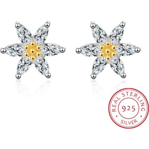 Authentic 100% 925 Sterling Silver Romantic Flower Clear Cz Stud Earrings For Girls Women Fine Jewelry