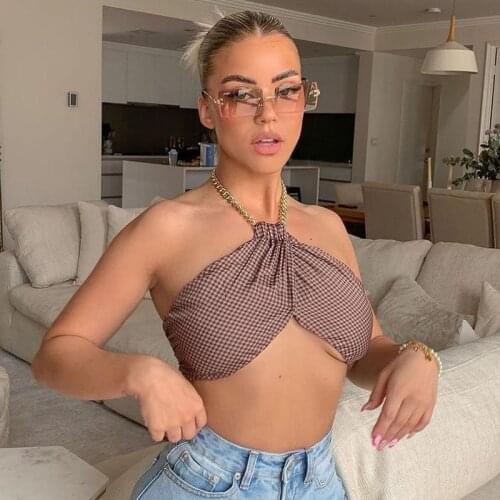 Women Sexy Fashion Chic Halter Chain Crop Wrap Top Sleeveless Self Tie Solid /Plaid Print Wrap Camisole Backless Streetwear