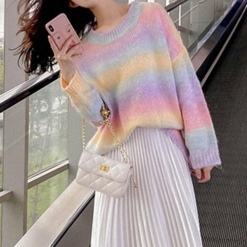Women O-Neck Loose Casual Knitted Jumpers Chic Rainbow Stripes Pullover Sweaters Autumn Winter New Fashion Leisure Knit Sweater