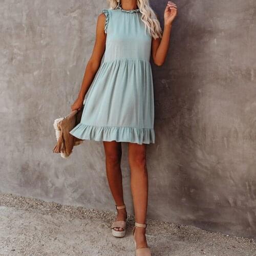 2021 New Ruffle Sleeveless Tank Dresses O Neck Solid Color Casual Loose Female Elegant Knee Length OL Commuting Daily Vestido