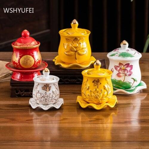 1 pc Chinese Style Holy Water Cup Ceramics Lotus Offering Water Mugs Guanyin Great Compassion Water Cups Buddhist Supplies