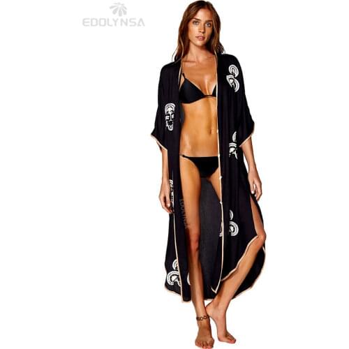 2021 Bikini Cover-ups Sexy Emboridered Button Front Open Cotton Summer Dress Kaftan Women Beach Wear Swim Suit Cover Up Q1002