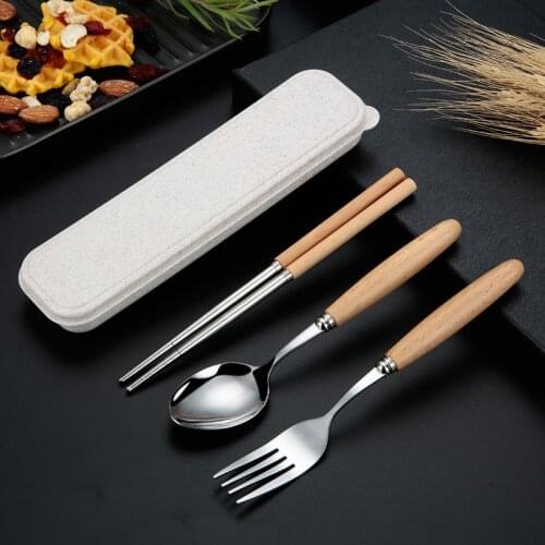 3 Pcs/set Convenient Tableware Student Set Wooden Handle Fork Spoon Chopsticks With Wheat Box Best Gift For Children