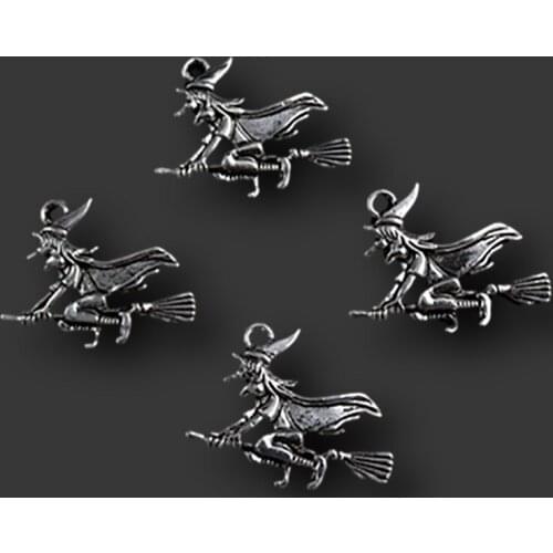 WKOUD 8pcs Silver Color flying witch charm vintage necklace bracelet DIY metal Halloween jewelry alloy pendants A1366