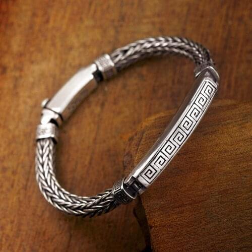 Real S925 pure silver revolve pattern hand-woven 5MM bracelet good luck stylish Thai silver bracelet for men and women Jewelry