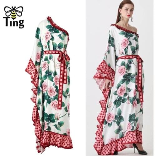 Tingfly Summer Fashion Ruffles One Off the Shoulder Maxi Long Dress Women Casual Street Loose Relax Dresses with Sashes Traf