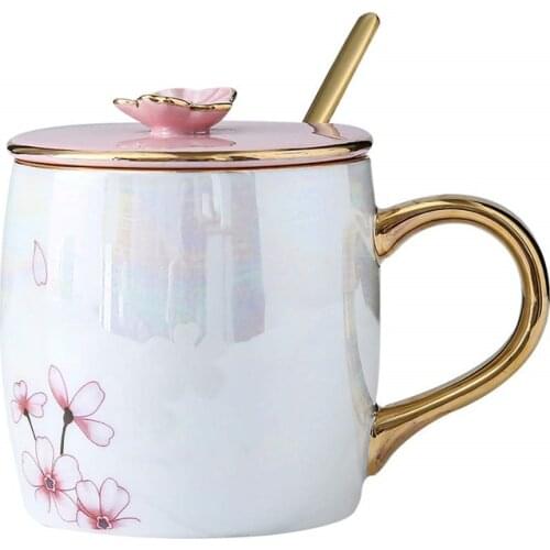 Cherry Blossom Ceramic Mugs With Lid Gold Spoon Porcelain Coffee Milk Cups Breakfast Drinkware for Women Lovers Friends G