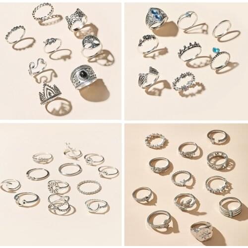 HuaTang Vintage Gold Silver Color Rings Blue Crystal Pearl Carving Geometric Knuckle Ring Set for Women Men Jewelry Anillos