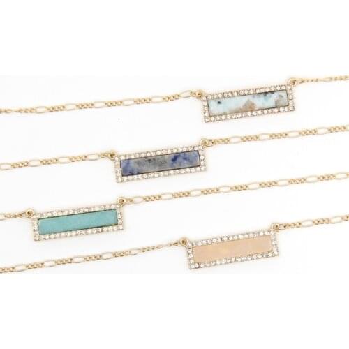 Multi Colors Faux Marble Stone Pave Crystal Long Choker Retangular Pendant Necklace for Women and Girl
