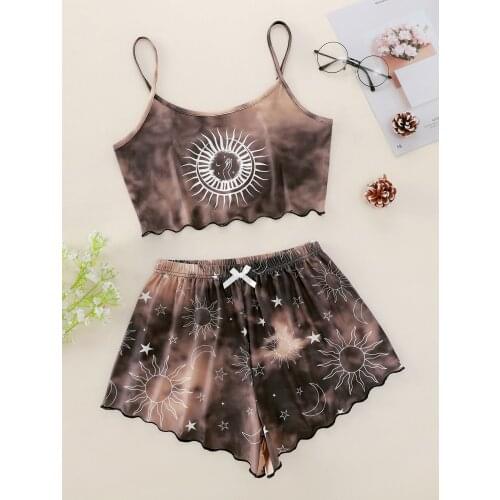 Fashion Ladys Summer Cartoon Sun Print Camisole With Shorts Tie-dye Pajama Set Comfortable Home Wear Sleepwear Underwear