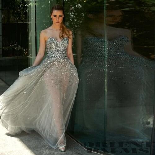 Fashion Sexy See Thru Gray A-line Tulle Women Dresses To Party Shiny Crystal Long Prom Gowns Lace Up