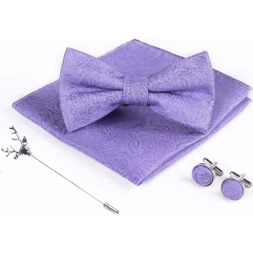 Bridegroom Wedding Party Business Men Tuxedo Suit Purple Violet White Pocket Square Towel Handkerchief Cuff Links Bow Tie Set