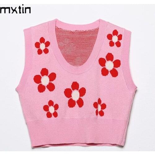 MXTIN 2021 Women Summer Fashion Sweet Floral Cropped Knitted Tank Tops Vintage V-Neck Sleeveless Female Camis Casual Chic Tops