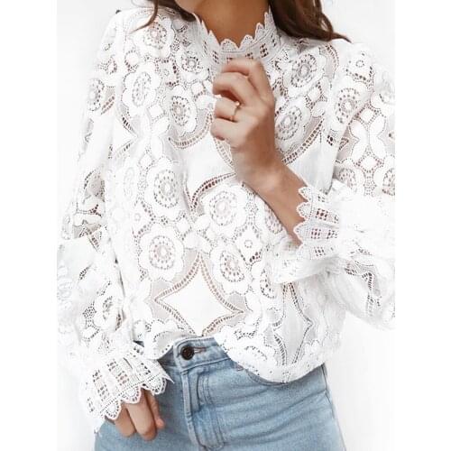 New Fashion Womens Lace White Tops Hallow Out Blouse Casual Bell Long Sleeve Pullover Shirts