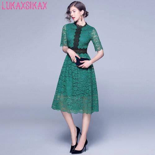 LUKAXSIKAX 2020 New Spring Summer Women Dress High Quality Hollow Out Patchwork Crochet Lace Runway Dress Elegant Dress