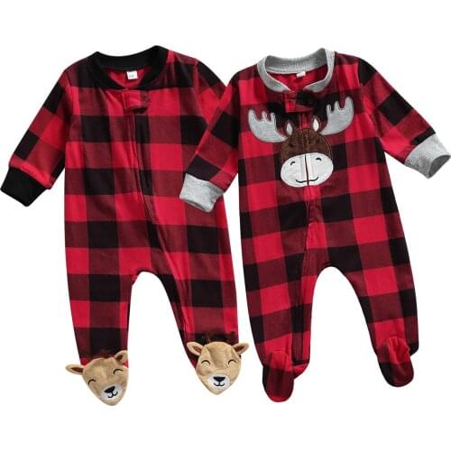 Newborn Christmas Plaid Footies, Baby Deer Embroidered Pattern Long Sleeve Round Neck Footed Jumpsuit
