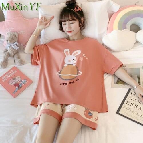 Pajamas Women Summer Short-Sleeved Shorts Cotton Pyjamas 2 Piece Korean Cartoon Cute Thin Sleepwear 2021 New Plus Size Nightie