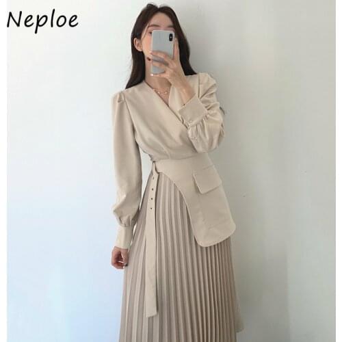 Neploe Korean Style Fake Two Piece Pleated Dress Chic V-neck Cross Belt Vestidos Puff Sleeve Patchwork Design Women Dresses