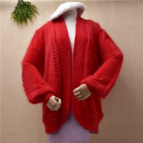 Lined inside female women angora rabbit fur Autumn Winter cardigans warm braid twist crochet long sleeves sweater mantle jacket