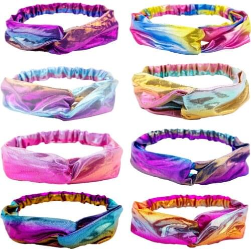 Popular Women Elastic Metallic Laser Cloth Headband Gradient Cross Twisted Hair Bands Turban Hair Accessories