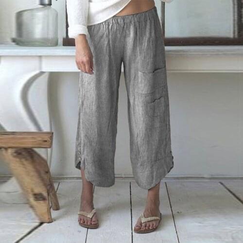 Plus Size Wide Leg Pants Women Cotton Linen Croppped Trousers Summer Loose Pant Pantalon High Waist Stripe Pocket Trouser A20