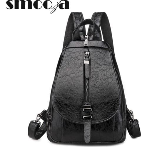 SMOOZA Korean Large Capacity Women Backpack Soft Leather Student School Bag Double Zipper Fashion Shoulder Bag Female Travel Bag