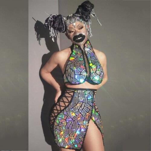 Fashion Shining Sequins Dress Evening Party Wear Two Pieces Set Prom Dress Singer Birthday Celebrate Dresses Rave Outfits XS1949