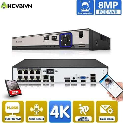 Ultra HD 8channel POE NVR ONVIF H.265 ip Audio Out Surveillance Security Video Recorder for 720p 1080p 4mp 5mp POE CCTV Camera