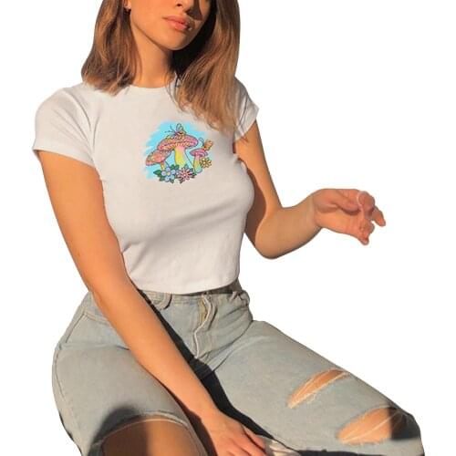 Ladies Summer Round Collar T-shirt Creative Mushroom Flower Butterfly Printing Short Sleeve Midriff-baring Tops Slim Base Shirt