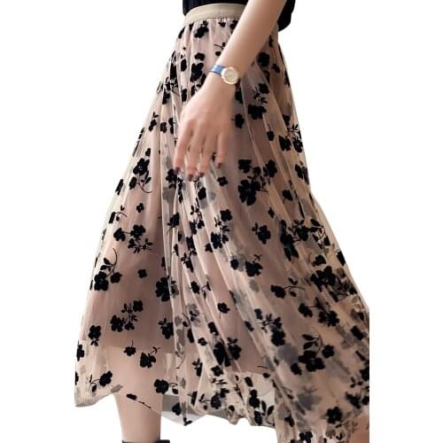 2021 New Sexy Women Tutu Tulle Skirts, Elastic High Waist Floral Print Mesh Overlay Layered A Line Midi Skirt Autumn Winter