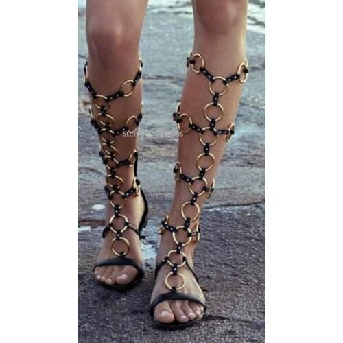 Woman Black Leather Metal Ring Decor Flat Long Sandals Boots Fashion Real Photos Casual Sandals Shoes Lady Knee High Boots