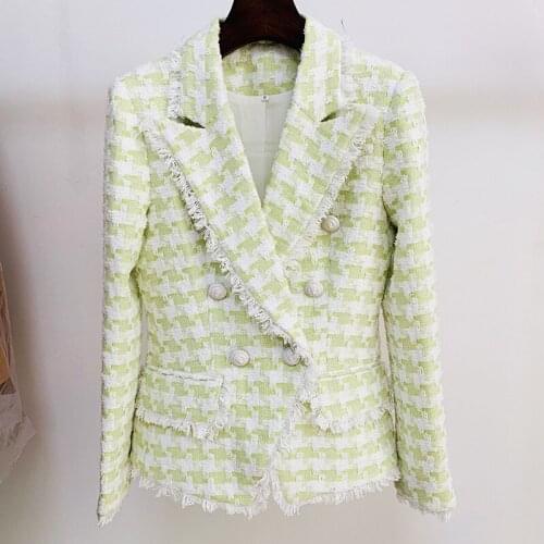 Plaid Pink Green Purple Blazer Women Autumn Winter Houndstooth Woolen Jacket Double Breasted White Button Blazers High Quality