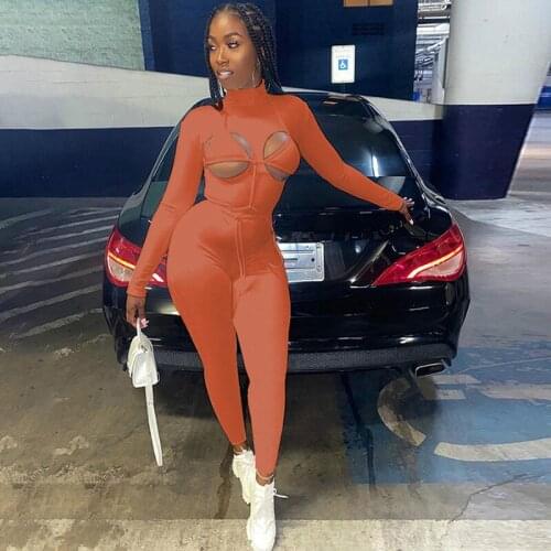 Bodysuit Sexy Hollow Streetwear Pink White Orange Full Sleeve Sports Jumpsuits Women 129