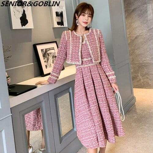 New 2019 Winter Fashion Womens Tweed Short Coat And Dresses 2 piece Sets Female Autumn Beading DressTop Quality Two-Piece Suit