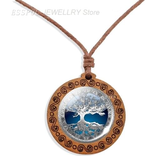 Family Tree of Life Cabochon Glass Wood Pendant Women Wooden Necklace Life Tree Art Jewelry Wax Rope Chain Necklaces Gift