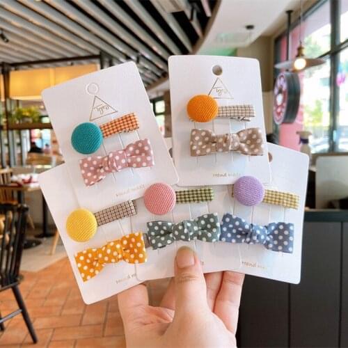 2 Pcs Simple Cute Dot Fabric Bowknot Duckbill Clip Headwear Fashion Girl Baby Button Lattice Hairpins Children Hair Accessories