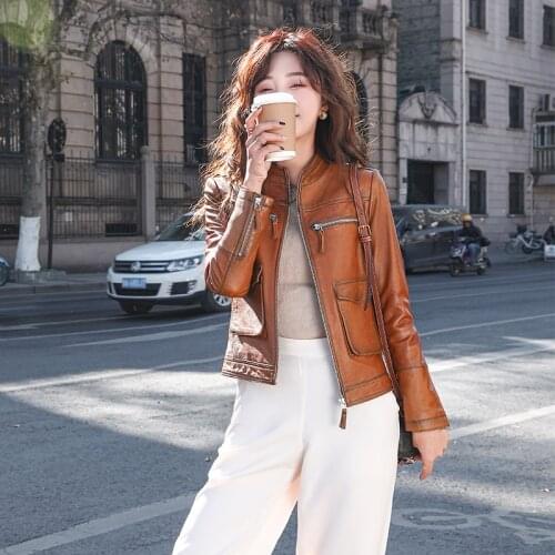 2021 Spring Leather Jacket Vintage Short Slim Real Sheepskin Coat Motorcycle Coats and Jackets Women Veste En Cuir WPY2836