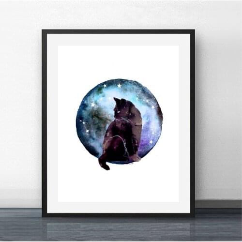 Watercolor Black Cat and Blue Moon Poster Prints Home Room Wall Art Decor Animal Cat Picture Canvas Painting Decoration