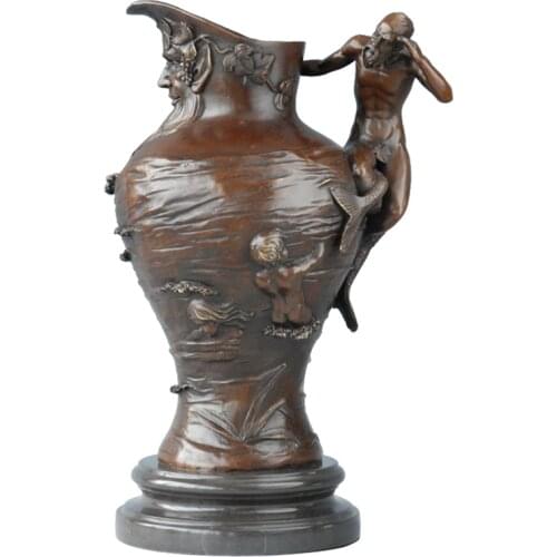 35CM Bronze Old Man and Angel Vase Statue Sculpture Vintage Western Art Natural Marble Base Living Room Decoration