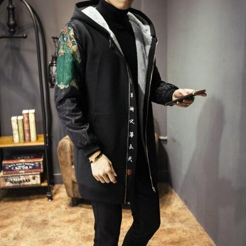 Long Autumn Winter Jacket Men Hero Print Thick Warm Casual Windbreaker Fleece Hooded Parka Men Chinese Style M-5XL