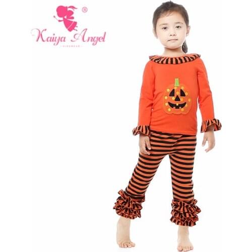 Kaiya Angel Halloween Toddler Girl Orange Pumpkin Ruffles Boutique Clothes Orange Black Stripe Cotton Children Autumn Outfits
