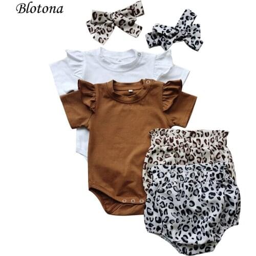 Blotona Baby Girl Summer Clothes Set Ruffle Short Sleeve O-neck Solid Color Romper+High Waist Leopard Shorts+Headband 0-24Months