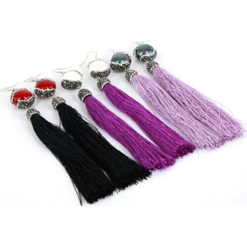 Hot Unique Bohemian Style Long Tassel Dangle Black Purple Light Lilac Color Semi-Precious Stone Hematite Pearl Earrings Woman