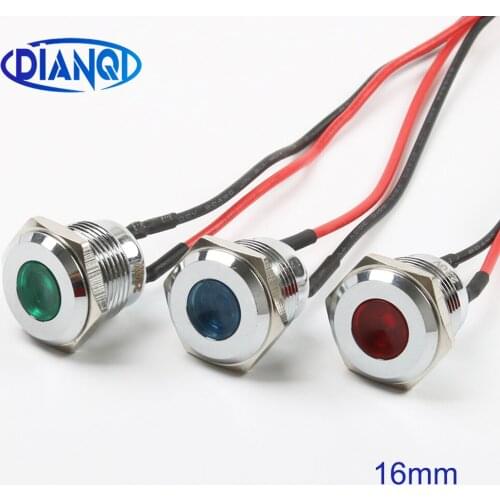 16mm Metal LED Warning indicator light Waterproof IP67 Signal Lamp Pilot Wires switch 3V 5V 12V 220V Red Blue White Yellow Green